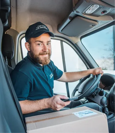 Delivery person in a car