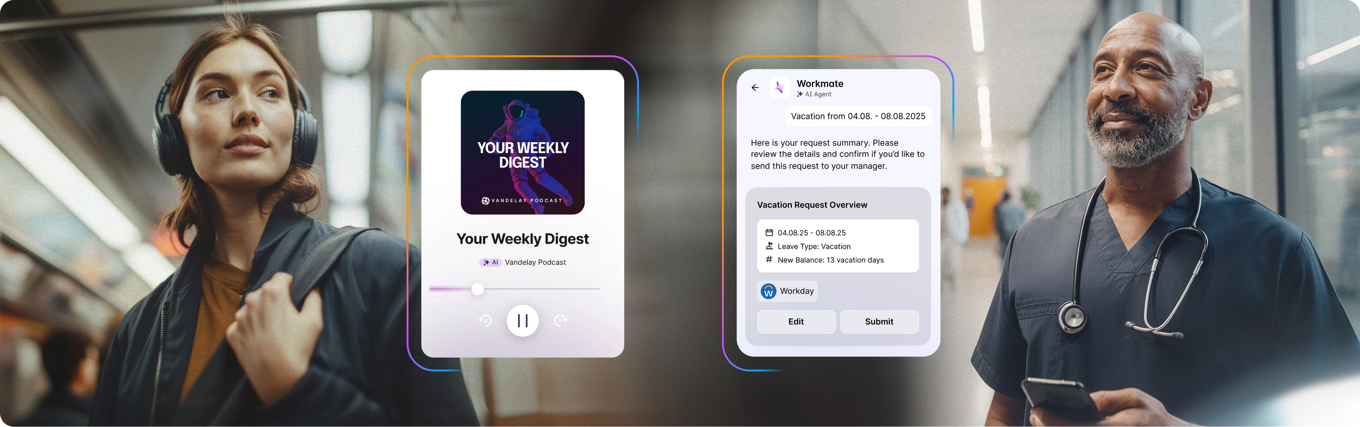 A woman with headphones, a podcast screen, and a man in scrubs with a stethoscope, next to a digital vacation request form on a phone.