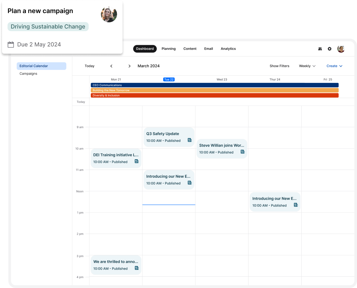 Digital calendar showing events in March 2024, including meetings and campaign plans. A note highlights a new campaign due May 2, 2024.