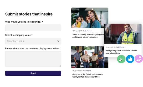 A form for submitting inspiring stories and three images of employees being recognized for their achievements with dates and descriptions.