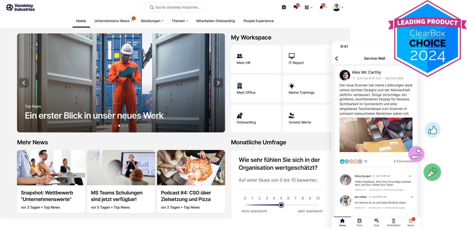 Company intranet homepage showing a worker in a factory, workspace tools, news articles, a monthly survey, and a social media feed.
