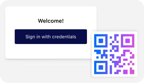 Welcome screen with "Sign in with credentials" button and a colorful QR code for login.