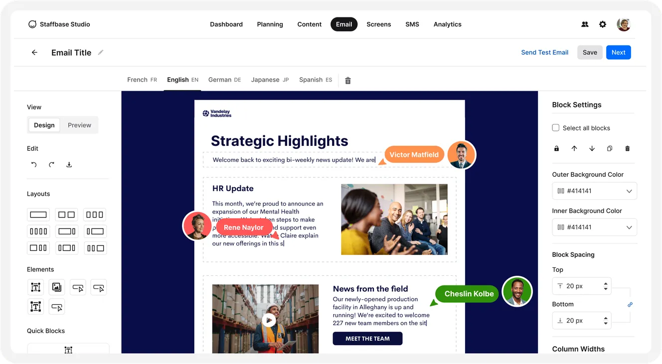 Staffbase Email Preview with multiple users editing in real time.