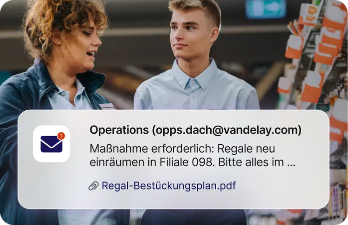 Mobile Benachrichtigung des Operations-Teams zum Neueinräumen von Regalen mit angehängtem Bestückungsplan als PDF