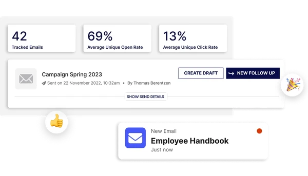 Dashboard showing email campaign stats: 42 tracked, 69% open rate, 13% click rate. Includes email draft options and a new email alert for "Employee Handbook."
