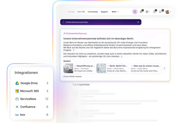 Darstellung der intelligenten Suchfunktion der Plattform. Nach Eingabe von "Unternehmenszentrale" liefert eine "AI Zusammenfassung" Informationen zum Standort Berlin. Darunter sind Quell-Artikel ("Neueröffnung un...", "Berlin, Berlin! Ein...", "Alles was du wissen musst...") aufgeführt. Links unten listet ein Widget "Integrationen" wie Google Drive, Microsoft 365, ServiceNow, Confluence und box auf.