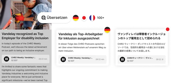 A person using a tablet with translation options in multiple languages, displaying text about Vandelay's recognition as a top employer for inclusion.