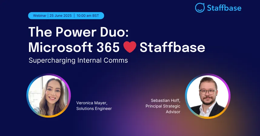 Webinar announcement titled "The Power Duo: Microsoft 365 ❤️ Staffbase," featuring Veronica Mayer and Sebastian Hoff, scheduled for June 25, 2025.