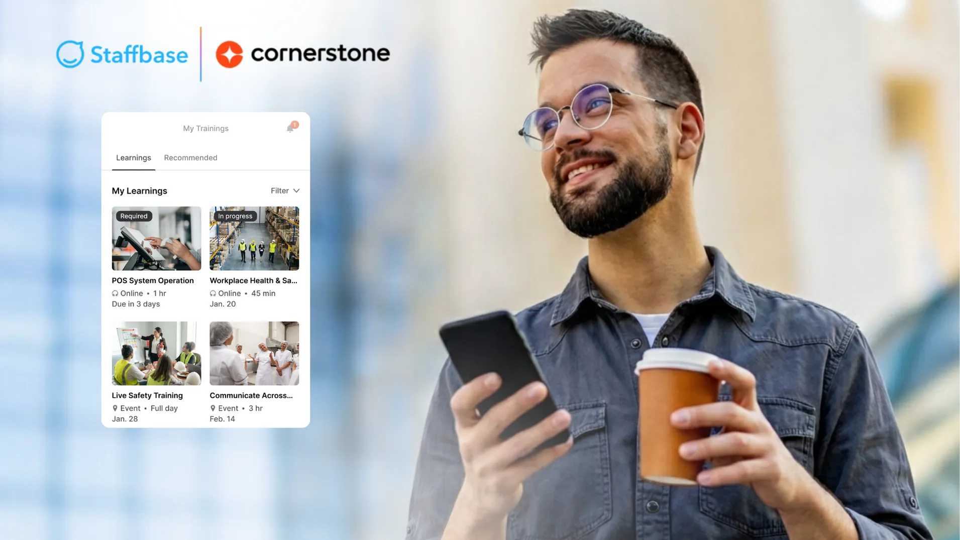 Staffbase and Cornerstone integration depicted with a smiling worker on his phone in the background