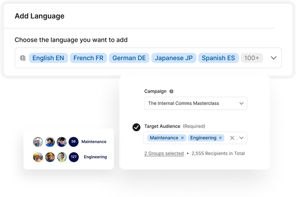 Interface showing language selection options and a campaign setup with target audiences "Maintenance" and "Engineering" selected.