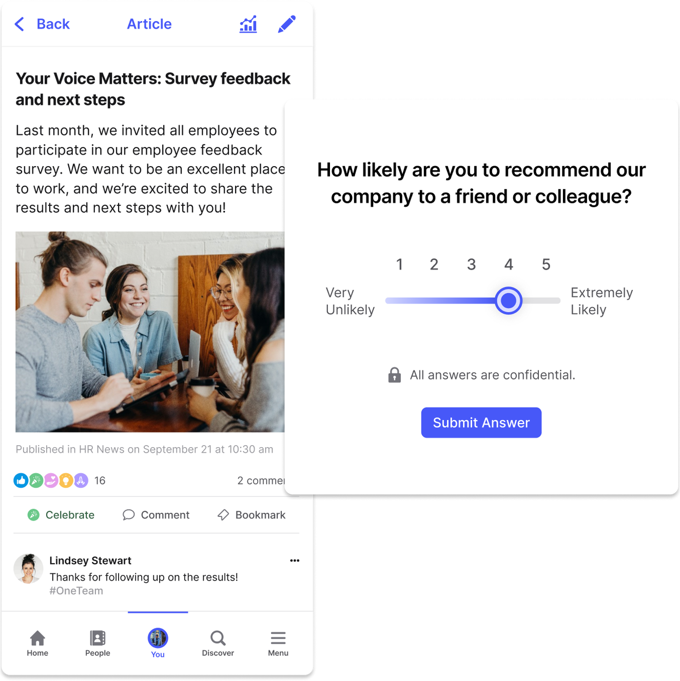 A survey feedback article with an image of colleagues talking and a survey question about recommending the company, rated 1 to 5.