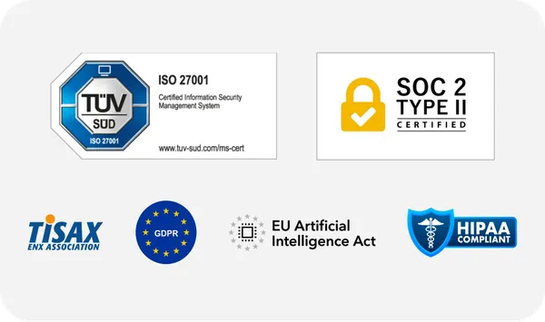 Logos of ISO 27001, SOC 2 Type II, TISAX, GDPR, EU Artificial Intelligence Act, and HIPAA compliant certifications.