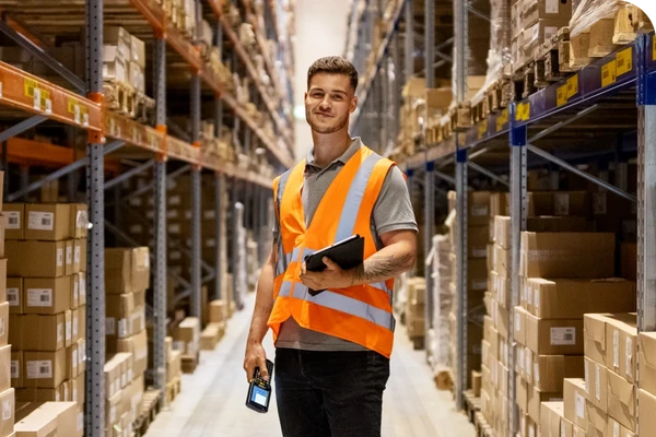 A warehouse worker in an orange safety vest holds a tablet and scanner, standing in an aisle lined with shelves of boxes.