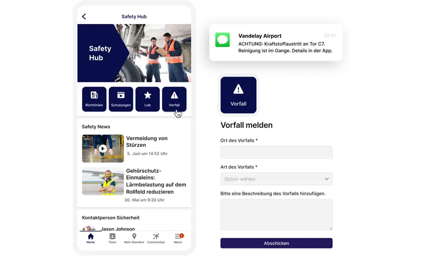 Mobile interface showing a safety app with options like "News" and "Submit an Incident." A notification about a spill at Vandelay Airport is visible.