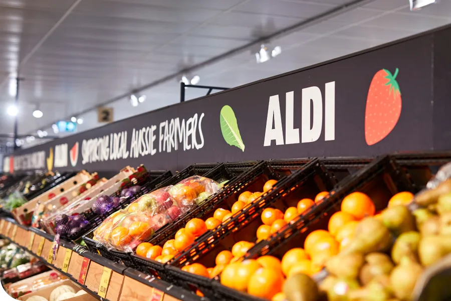 Aldi shelf with vegetables and fruits