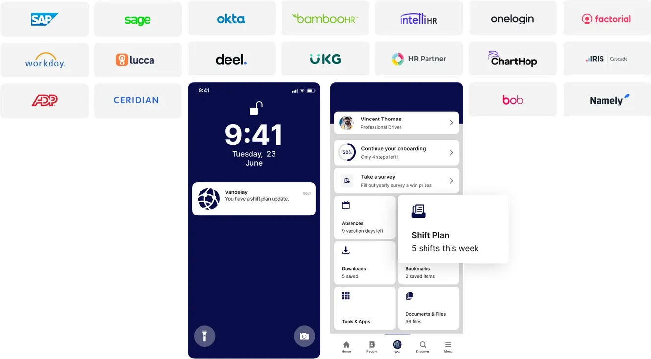 Smartphone screen displaying a work app interface with notifications about onboarding and a shift plan. Background shows various HR software logos.