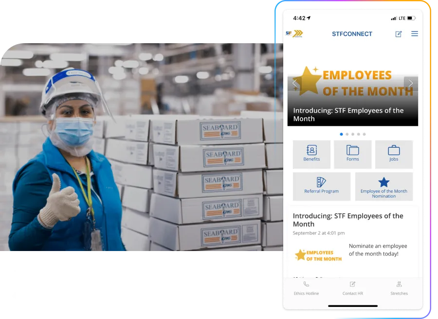 A worker in a factory setting gives a thumbs up near stacked boxes. A smartphone displays an employee recognition app.