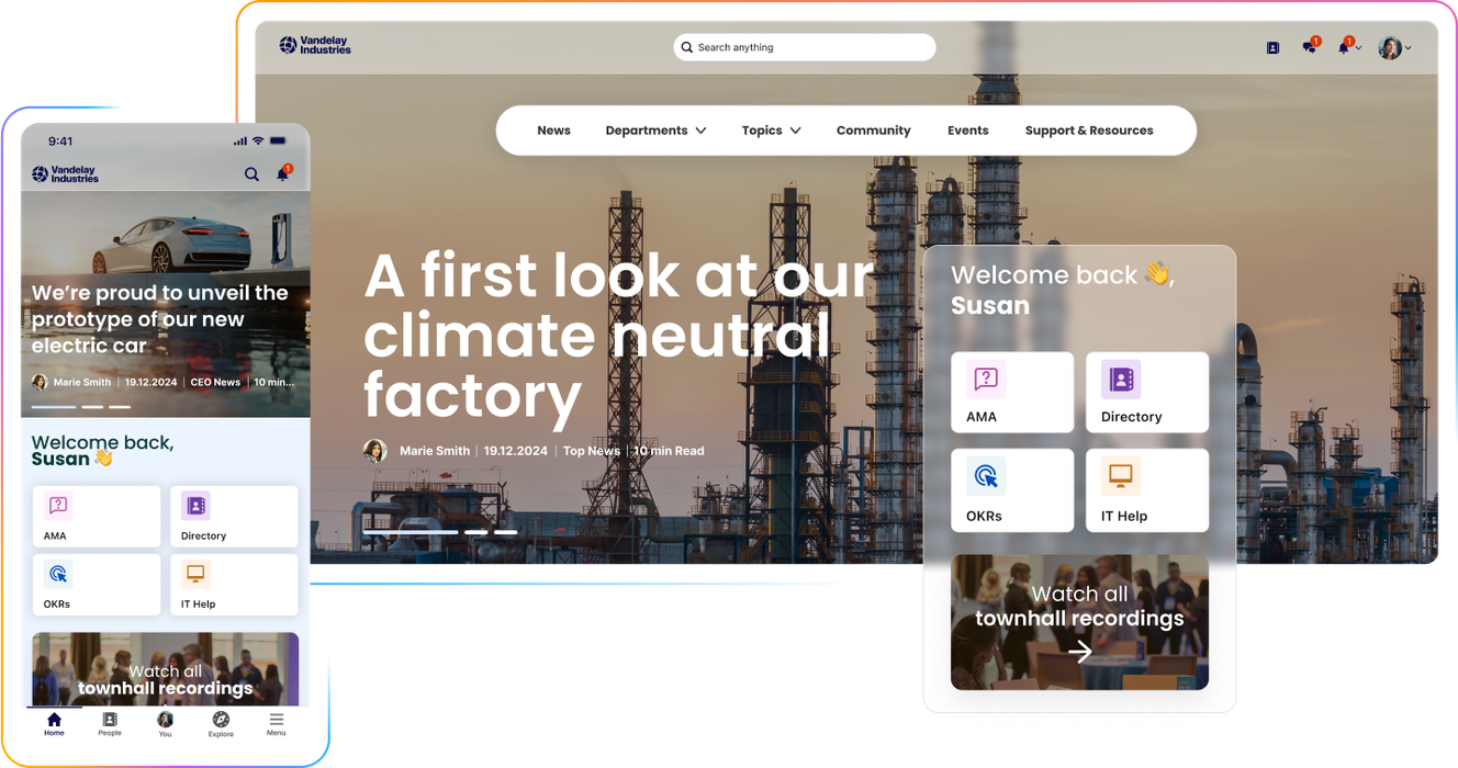 A digital interface showcasing a homepage with industrial background, mobile app view, and user welcome screens for "Susan."