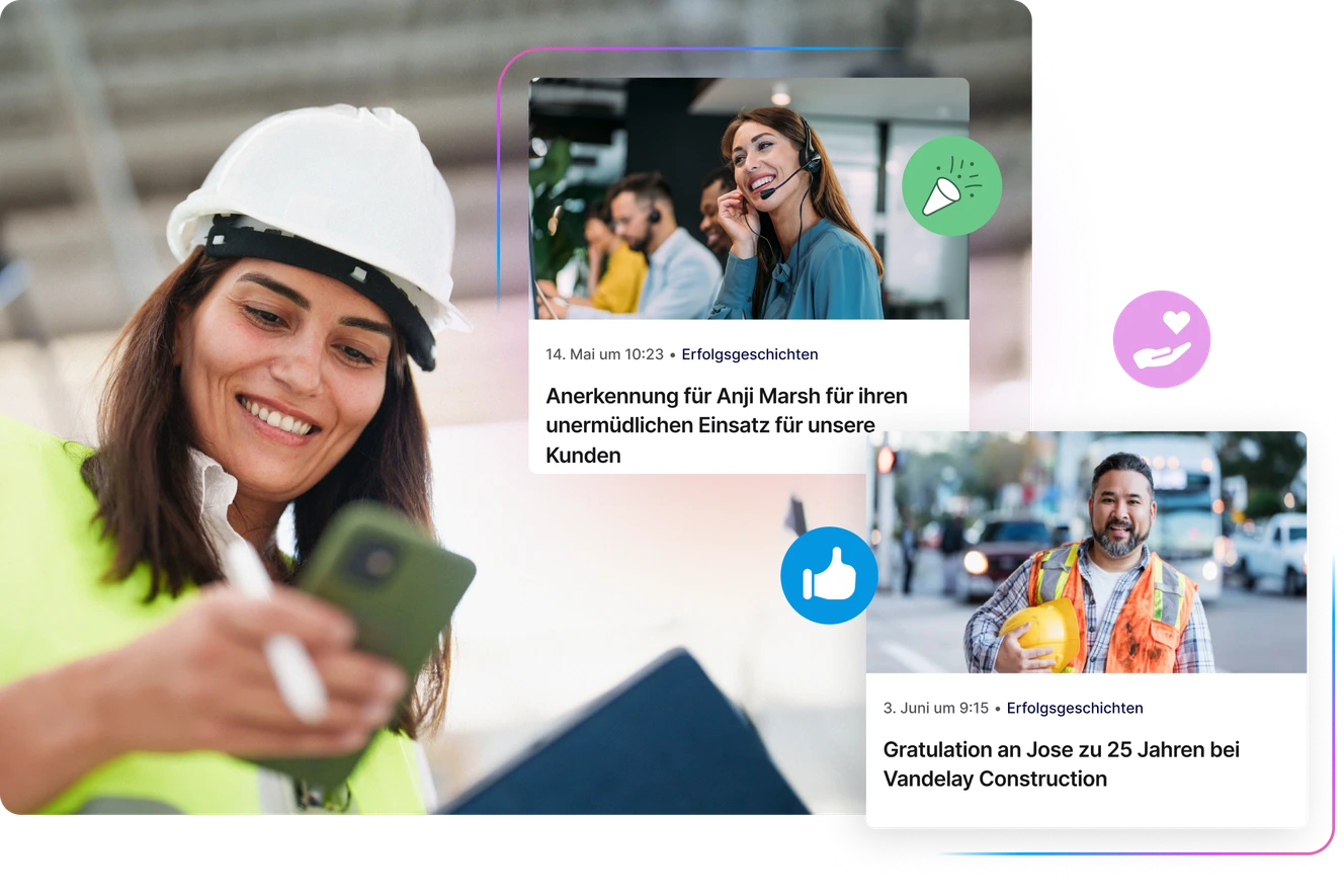 Mitarbeiterin liest Erfolgsnachrichten und Anerkennungen auf dem Smartphone.