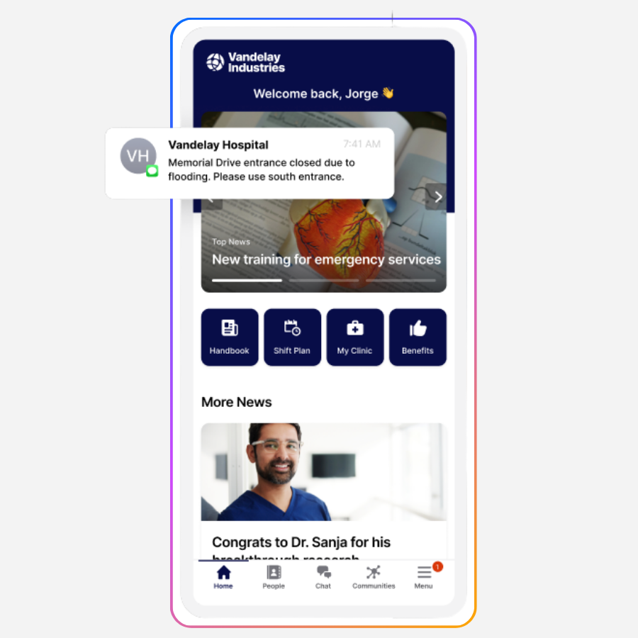 Smartphone screen showing an employee app homepage with a push notification from a hospital alerting staff that an entrance is closed due to flooding, alongside news, quick-access tools, and navigation icons.