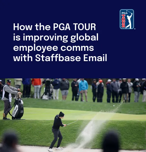 Golfer hitting from a sand trap during a tournament, with text about PGA TOUR's employee communication improvements using Staffbase Email.