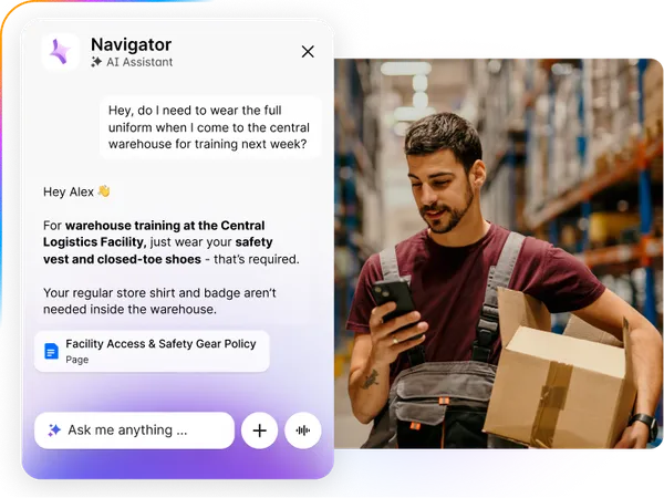 AI assistant chat next to man in a warehouse holding a box and phone. Chat advises on safety gear for warehouse training.