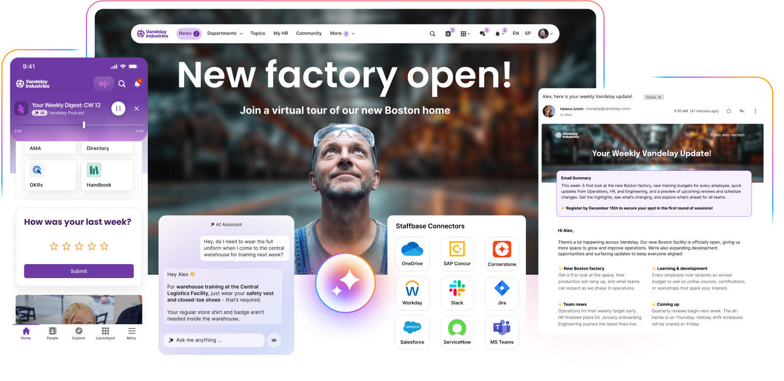 Collage of digital interfaces showcasing a factory opening announcement, a man looking up, app icons, and a newsletter update.