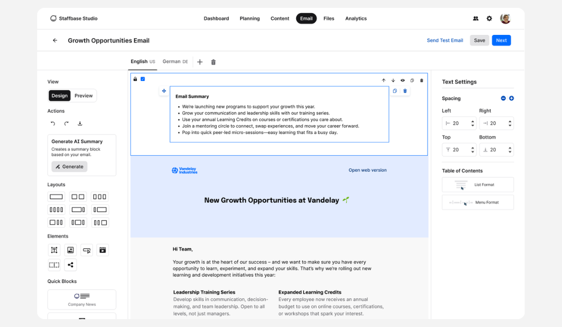 Screenshot des Staffbase Studio E-Mail-Editors mit der KI-Funktion „Generate AI Summary". Im Mittelpunkt steht ein automatisch erstellter Zusammenfassungsblock für eine interne E-Mail zu neuen Wachstumsprogrammen bei Vandelay Industries – mit stichpunktartig aufgelisteten Highlights der E-Mail-Inhalte.