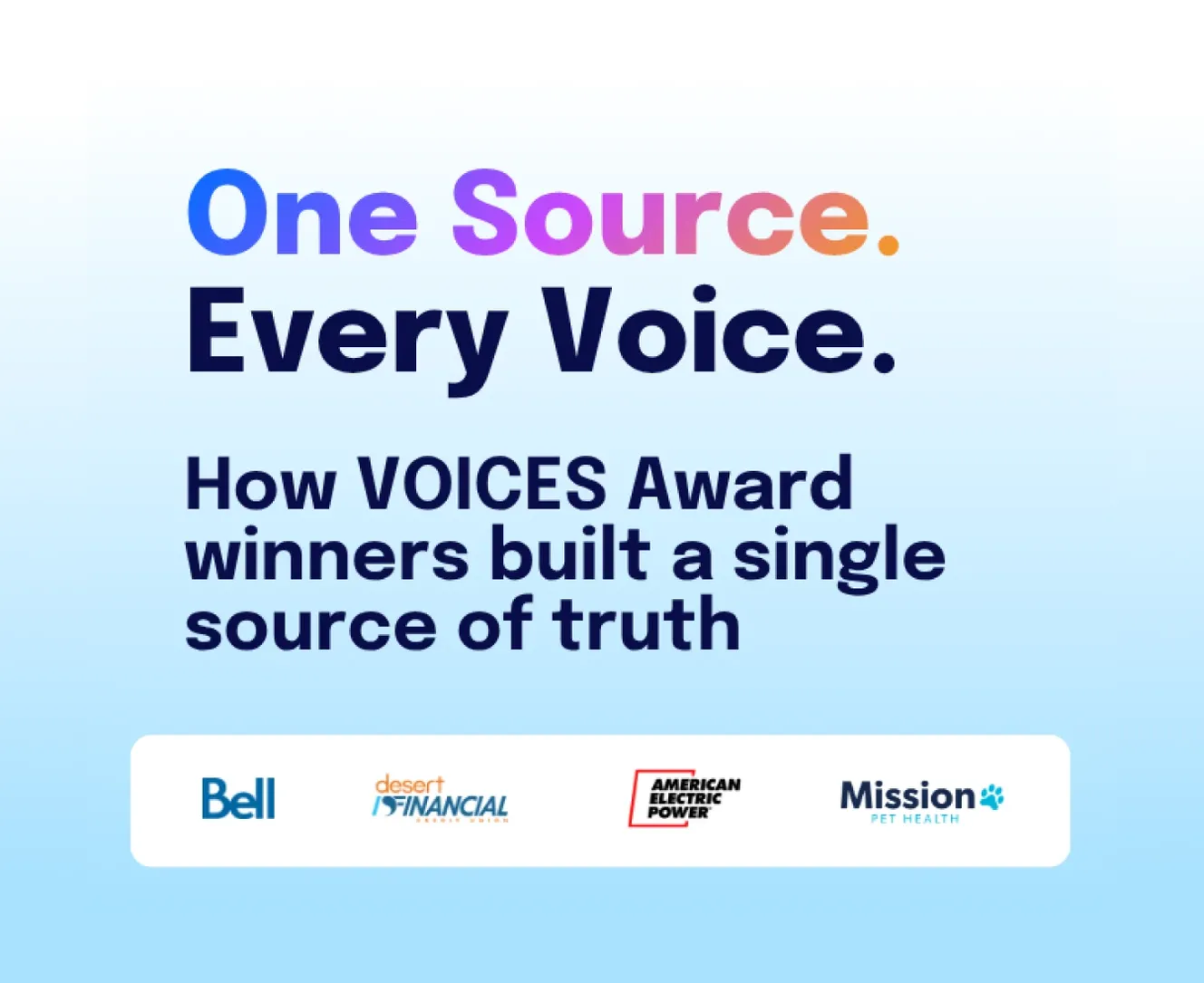 Staffbase hero graphic reading "One Source. Every Voice." with headline on VOICES Award winners building a single source of truth, logos for Bell, Desert Financial, American Electric Power, and Mission Pet Health.