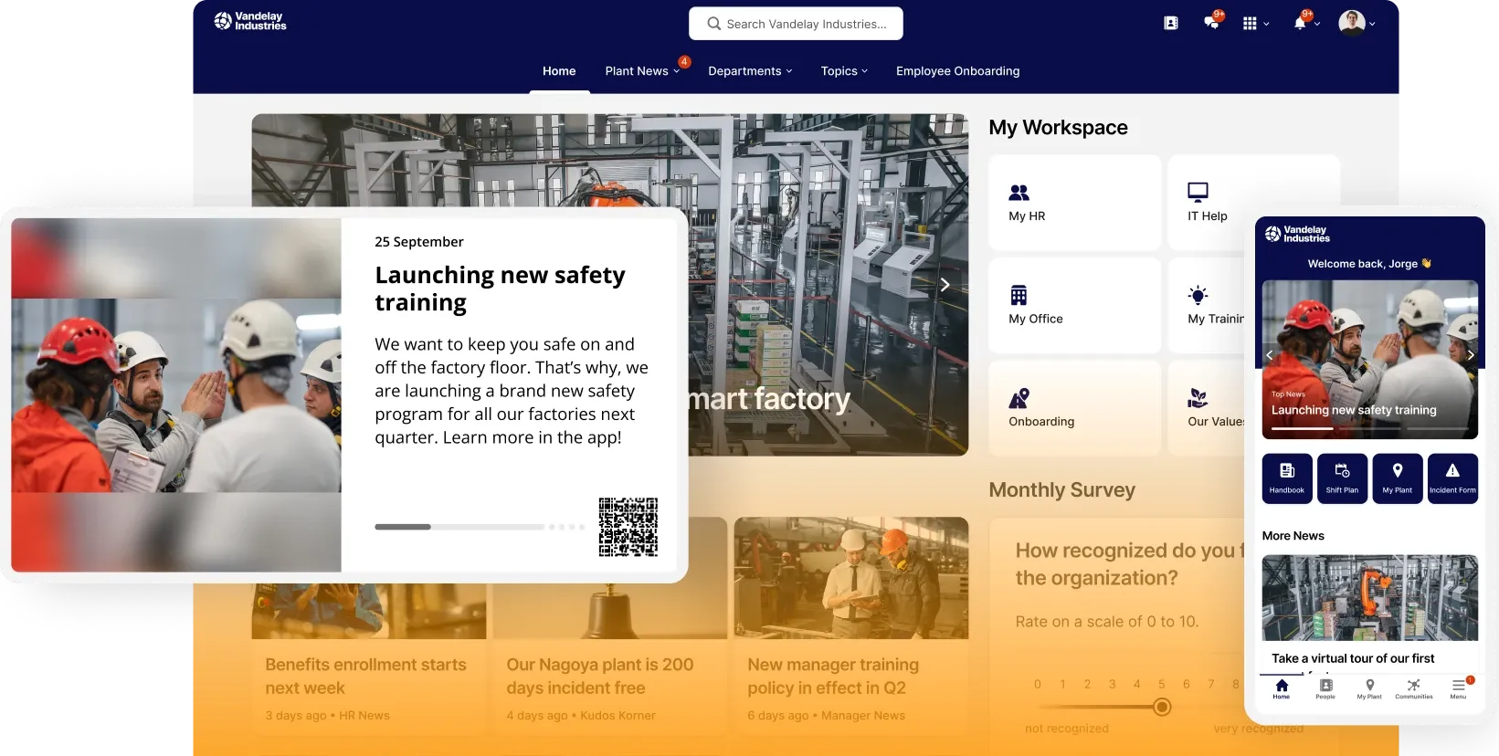 A company intranet dashboard featuring safety training announcement, navigation menu, workspace section, and news updates.