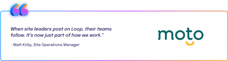 Quote from Matt Kirby of Moto: “When site leaders post on Loop, their teams follow. It’s now just part of how we work.” Moto logo appears on the right.