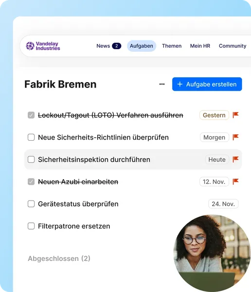 Ein Dashboard für die „Fabrik Bremen“ bei Vandelay Industries. Es zeigt eine Liste von Aufgaben mit Statusanzeigen wie „Gestern“, „Heute“ und „Morgen“ sowie Aufgabenbeschreibungen wie „Lockout/Tagout (LOTO) Verfahren ausführen“ und „Sicherheitsinspektion durchführen“.