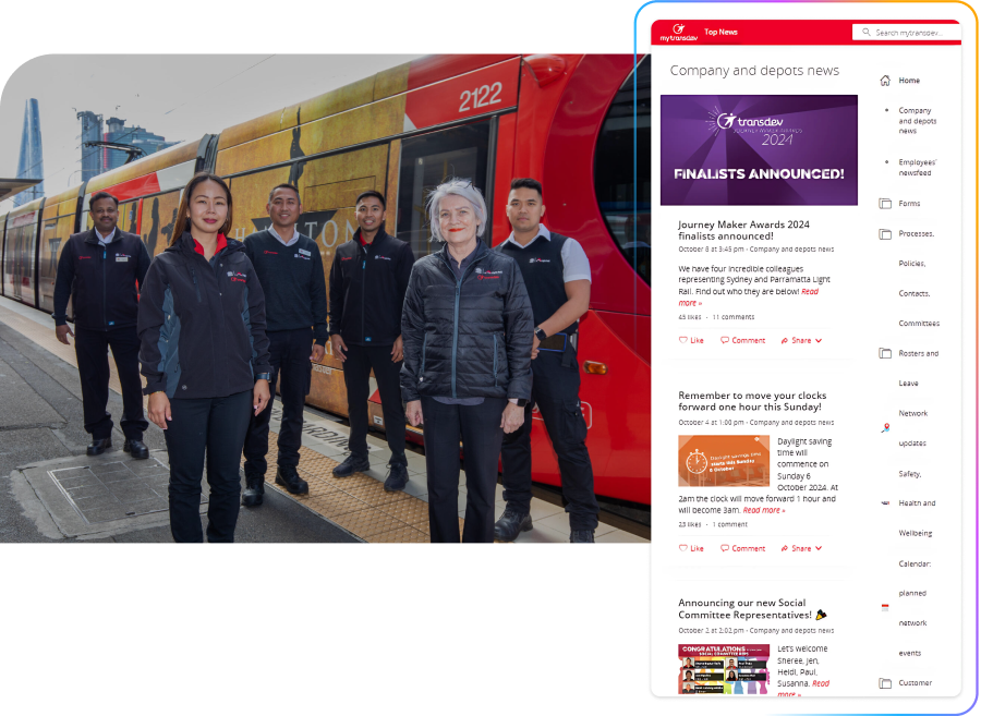 Transdev employees in uniform stand beside a red tram. A website page with company news is displayed on the right. Transdev logo at the bottom.