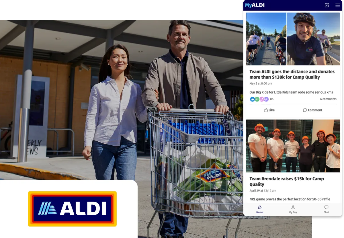 A man and woman push a shopping cart outside an ALDI store. A collage shows fundraising events and the ALDI logo.