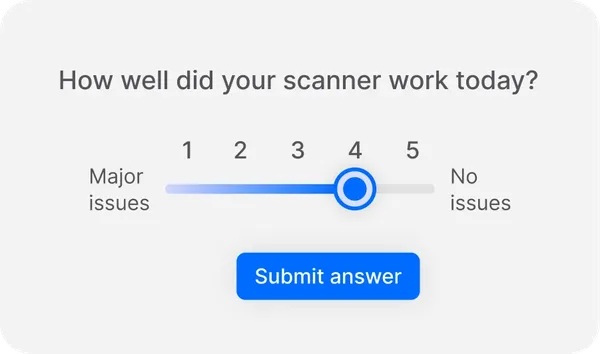 Slider rating from 1 to 5 for scanner performance, set at 4. Blue "Submit answer" button below.