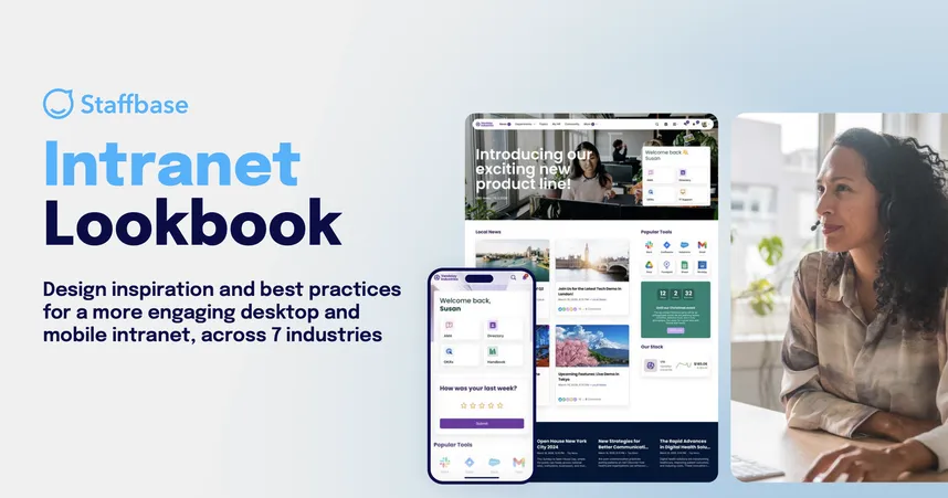 taffbase Intranet Lookbook cover showing a desktop and mobile intranet homepage with news, popular tools and a welcome message, next to a smiling employee wearing a headset.