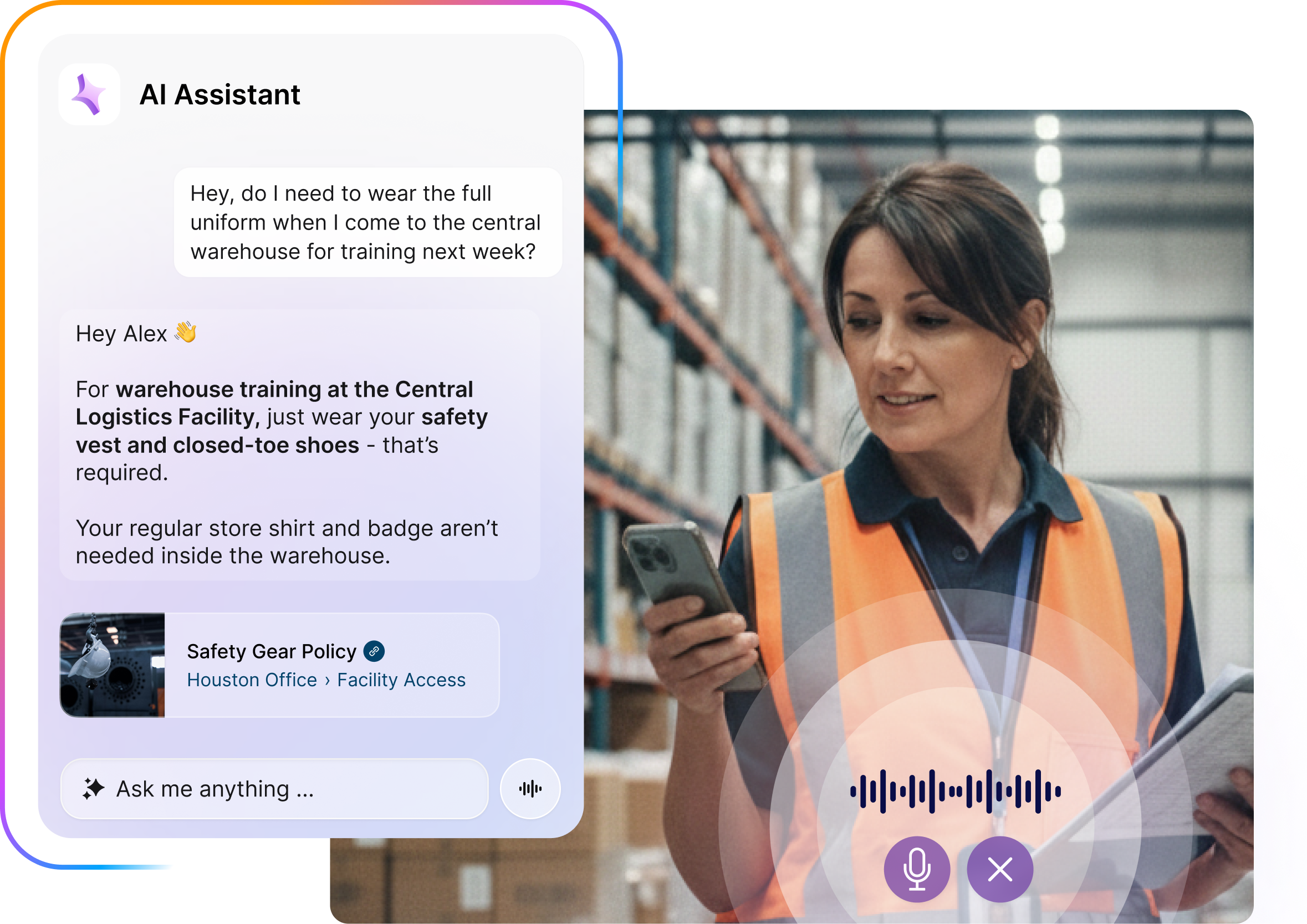 A woman in a warehouse checks her phone displaying an AI assistant chat about training requirements, wearing a safety vest and holding a clipboard.