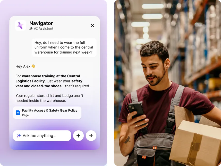 AI assistant screen next to a man in a warehouse holding a box and checking his phone.