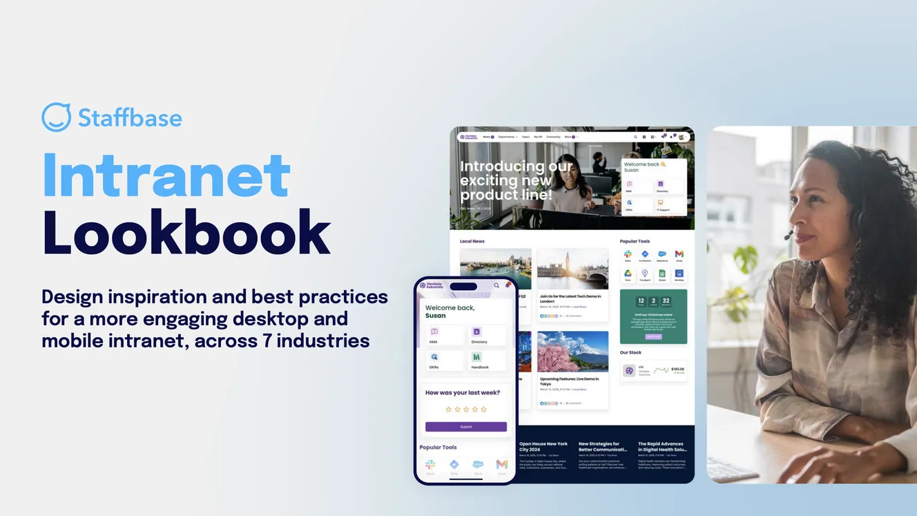 taffbase Intranet Lookbook cover showing a desktop and mobile intranet homepage with news, popular tools and a welcome message, next to a smiling employee wearing a headset.