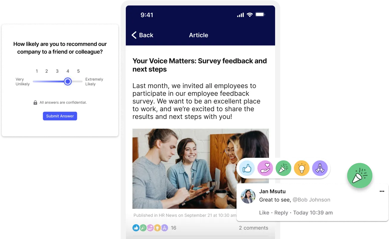 Survey interface with a recommendation scale, an article on employee feedback, and a social media-style comment with reactions.