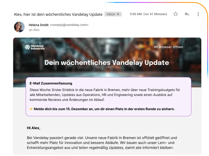 Darstellung einer "Dein wöchentliches Vandelay Update"-E-Mail im Posteingang. Die E-Mail beinhaltet einen großen Banner von Vandelay Industries, eine hervorgehobene "E-Mail Zusammenfassung" (u.a. über die neue Fabrik in Bremen) und den personalisierten Text "Hi Alex".