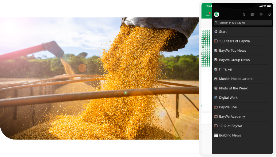 Grains pouring from a container into a truck bed; a smartphone displays a news app interface beside it.