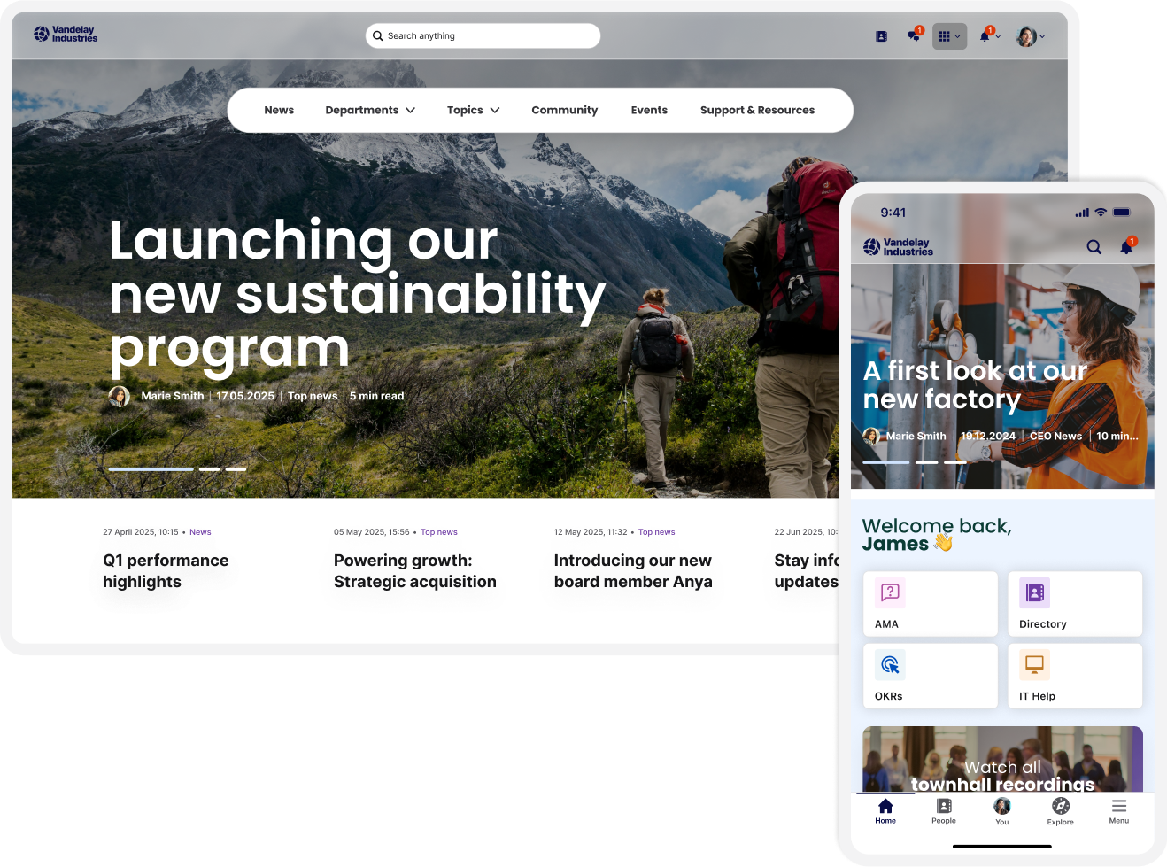 Webpage and mobile app interface showing sustainability program launch, news articles, and a welcome message with various navigation options.