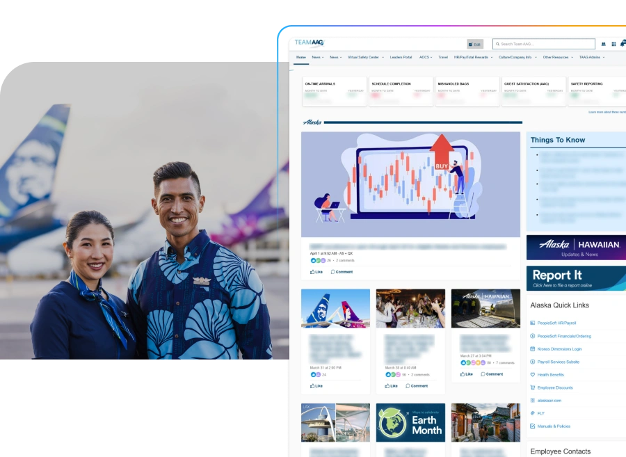 Smiling individuals in uniform stand outdoors; a website interface is displayed featuring charts, links, and informational sections.