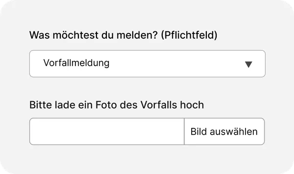 Dropdown-Menü mit der Bezeichnung „Was möchten Sie melden?“ mit der Auswahl „Vorfall melden“ und einer Option zum Hochladen eines Fotos mit der Bezeichnung „Bild auswählen“.