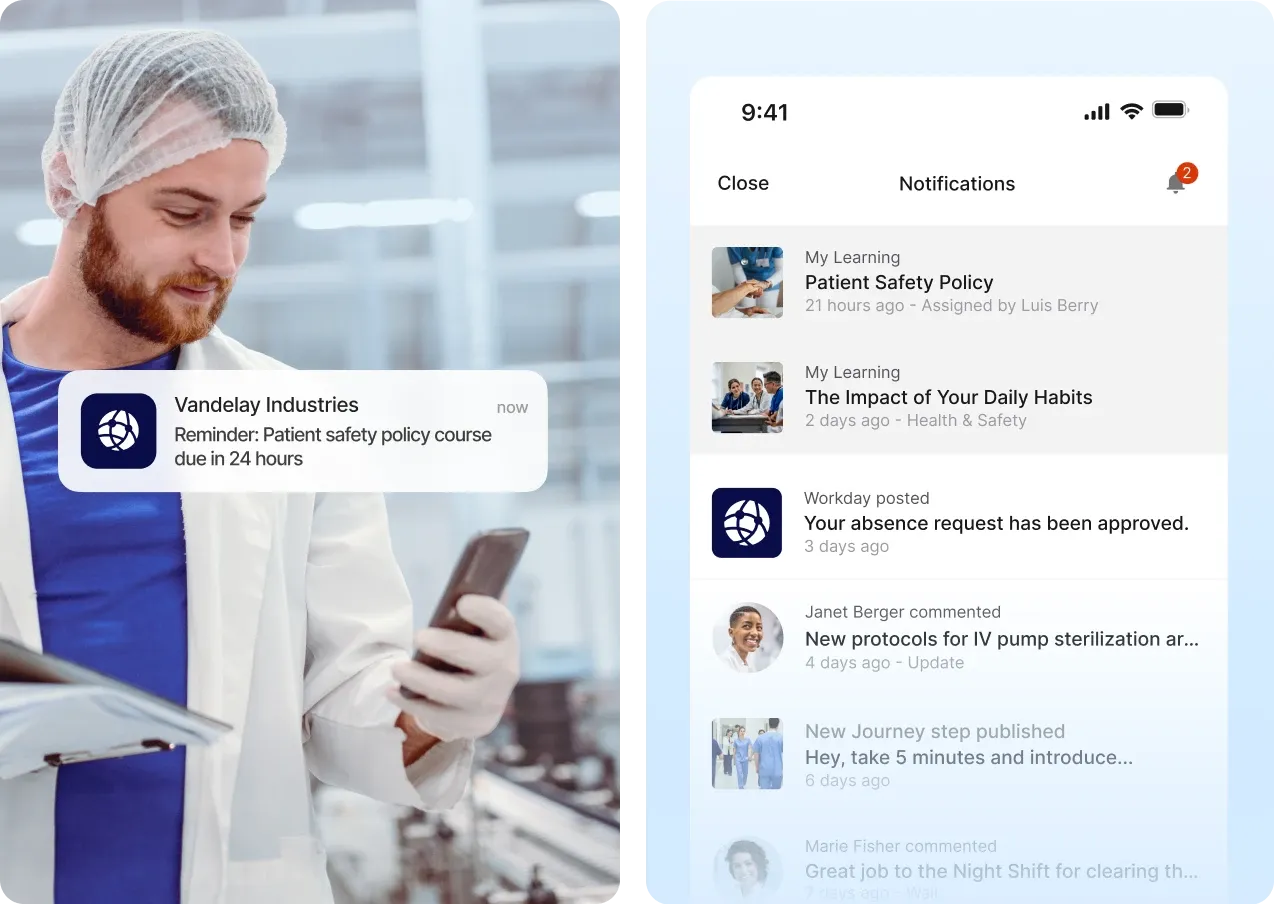 A healthcare worker in a sterile cap checks a smartphone notification for a patient safety course next to an app feed of work-related notifications.