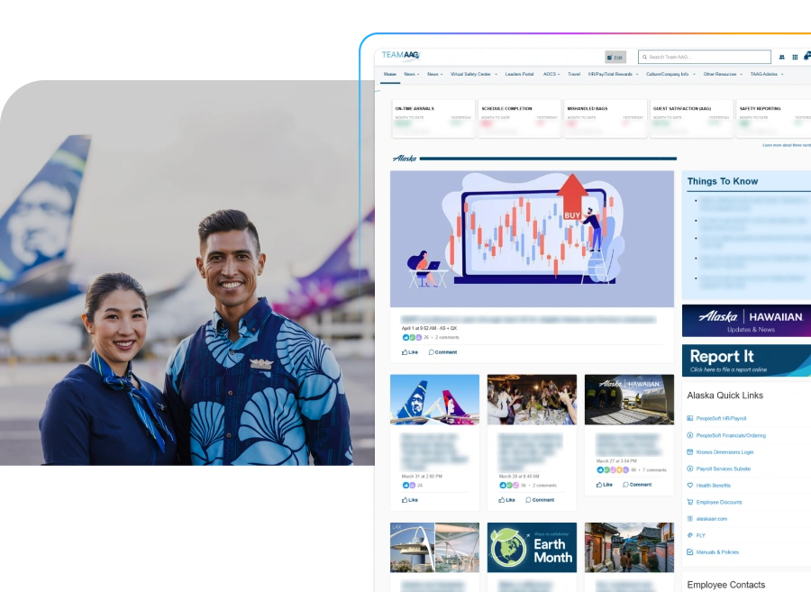 Smiling individuals in uniform stand outdoors; a website interface is displayed featuring charts, links, and informational sections.