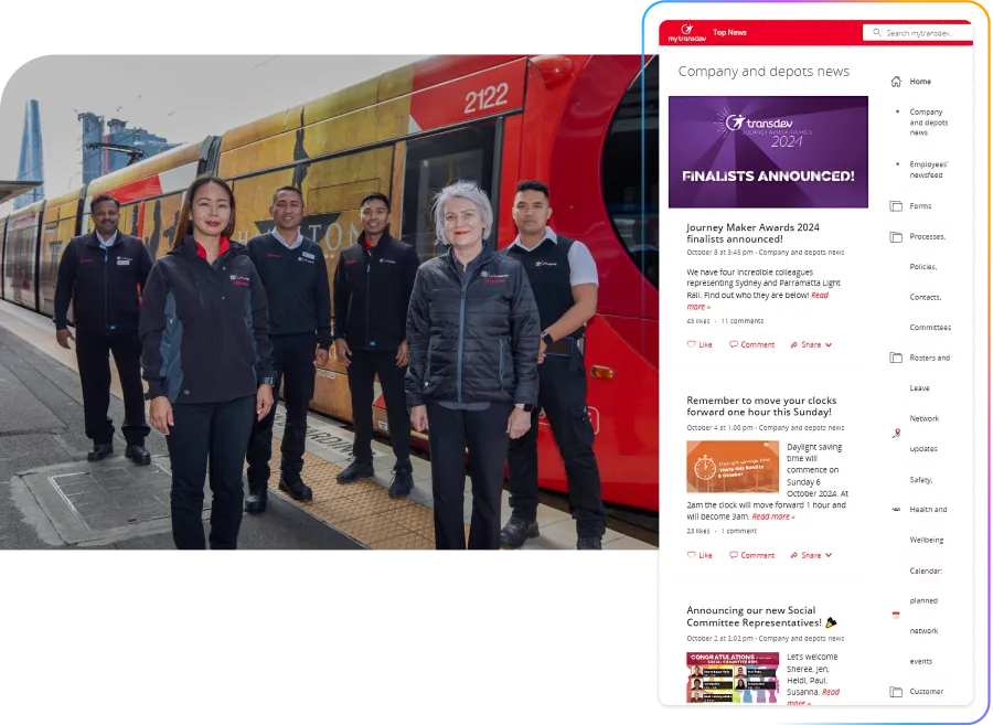 Transdev employees in uniform stand beside a red tram. A website page with company news is displayed on the right. Transdev logo at the bottom.