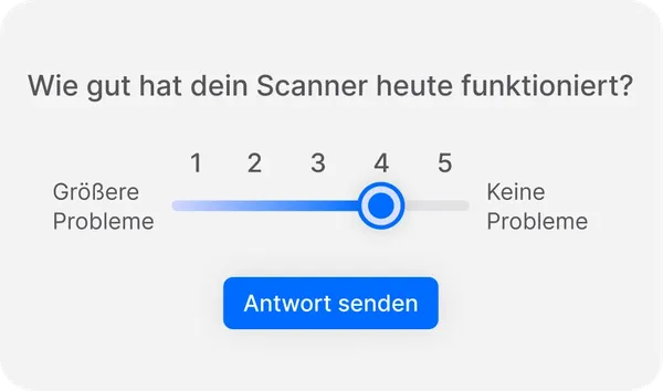 Schieberegler-Bewertung von 1 bis 5 für die Scannerleistung, eingestellt auf 4. Blaue Schaltfläche „Antwort senden“ darunter.