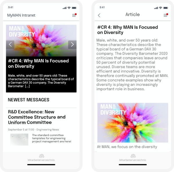 Mobile app interface showing an article titled "Why MAN Is Focused on Diversity" with colorful abstract graphics and a news section below.